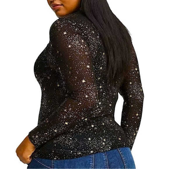TORRID Sheer Mesh Mock Neck Long Sleeve‎ Top w/Gold Sparkly Stars NWT - Picture 2 of 6